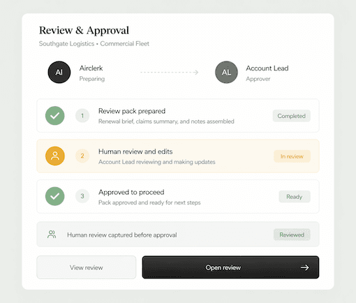 Review & Approval flow with handoff to account lead