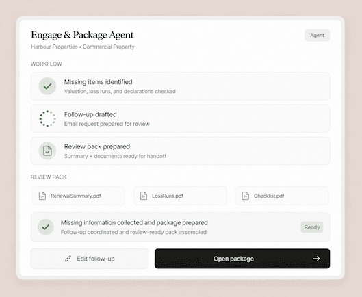 Engage & Package agent showing follow-ups and review pack